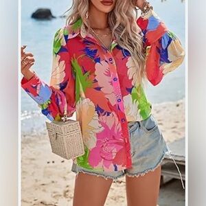 Amazon Womens Tops Floral Print Bishop Sleeve Shirt XXL